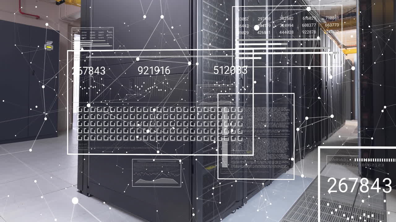 Animation of data processing and shapes over server room