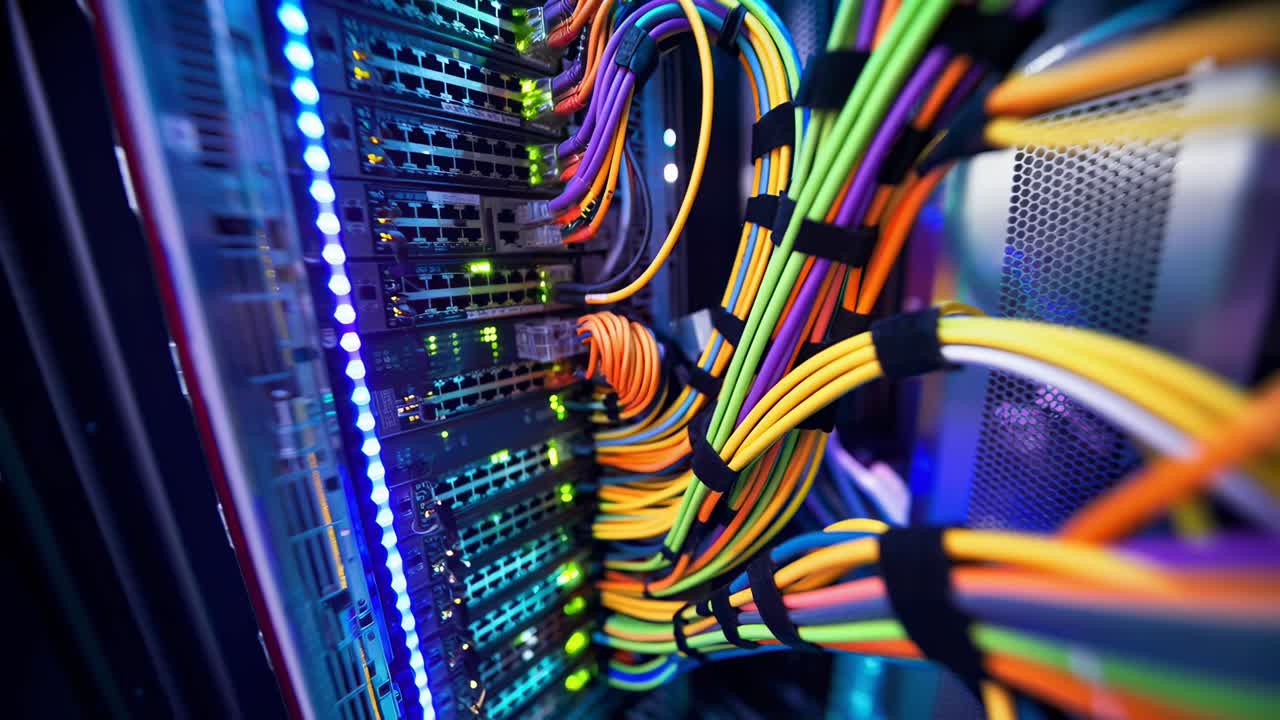 Close-up, angled shot of colorful network cables in a server room, ideal for tech videos