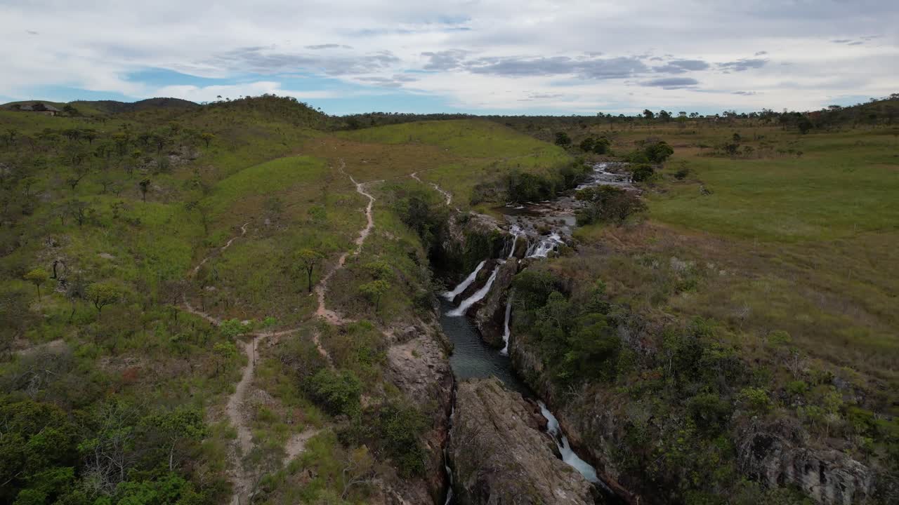 Drone view of Tres Maria waterfall in Rei do Prata, Cavalcante, Goi&aacute;s, Brazil