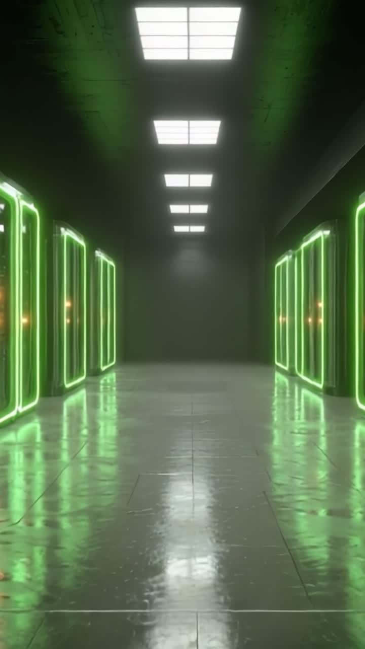 Un corridoio moderno e futuristico con cubi illuminati di verde neon lungo un pavimento riflettente, che crea un'atmosfera suggestiva in un ambiente spaziale minimalista.