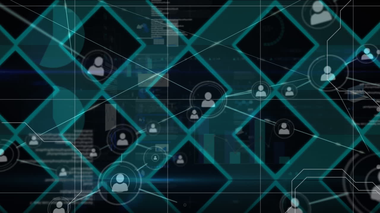 animación digital de la red de conexiones contra el procesamiento de datos financieros en fondo negro