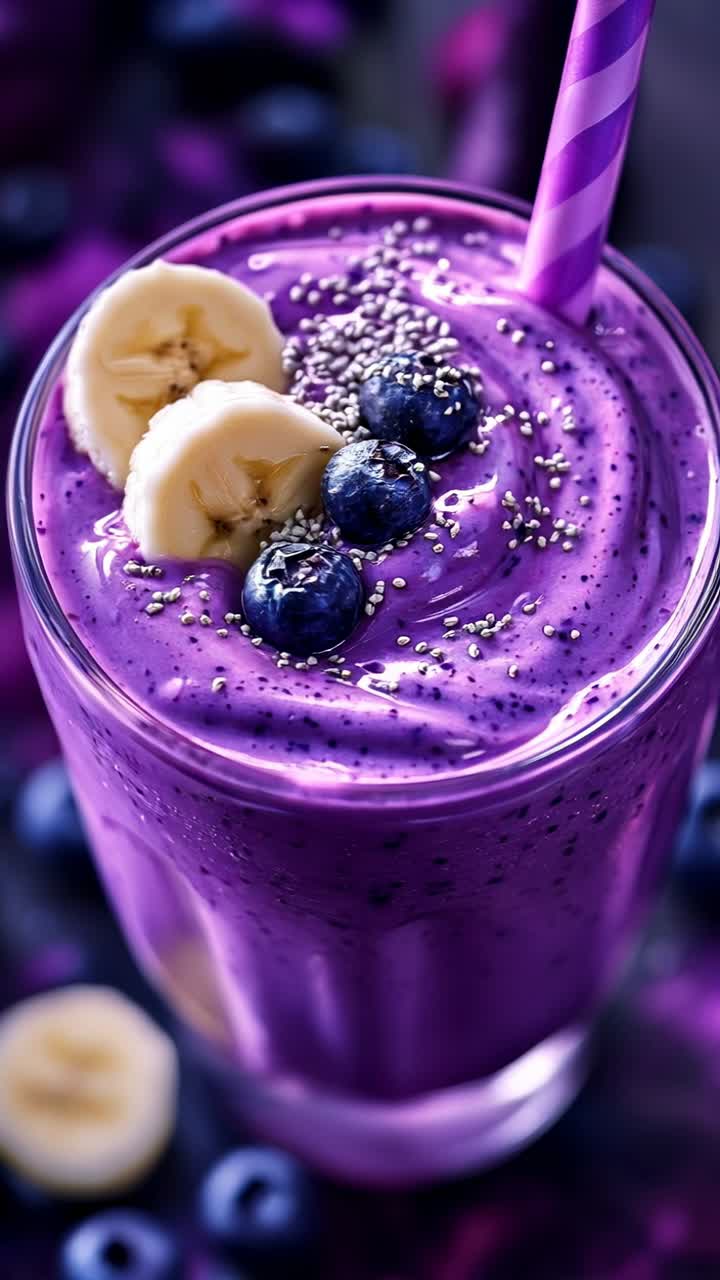 Concediti un delizioso frullato viola preparato con banane fresche e mirtilli vivaci