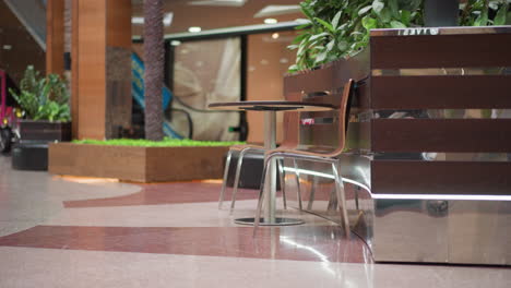 primer plano del interior de un centro comercial moderno con muebles elegantes, plantas y superficie brillante que refleja la luz, una mesa y sillas cerca de una planta decorativa en un espacio bien diseñado