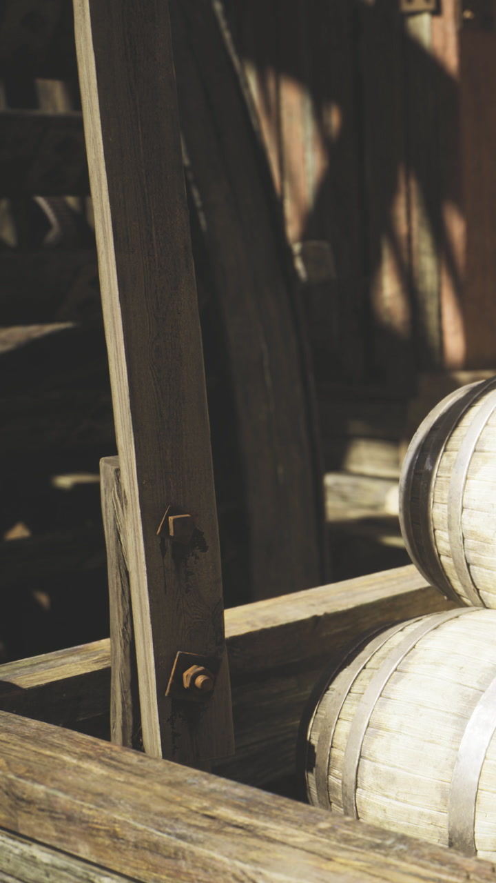Old wooden barrels resting against a rustic wall in a warm sunlight glow