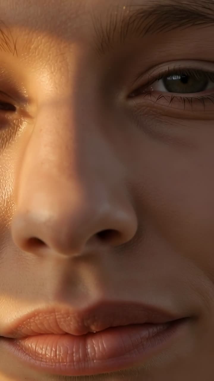 Vertical video: Sun band shifting, woman blinking, turning head, smiling in closeup showing lashes
