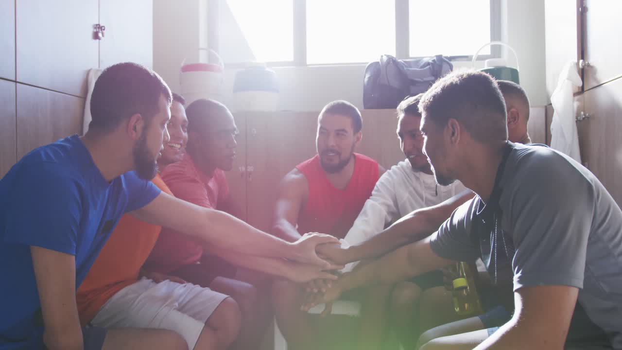 Group of soccer players in the locker room