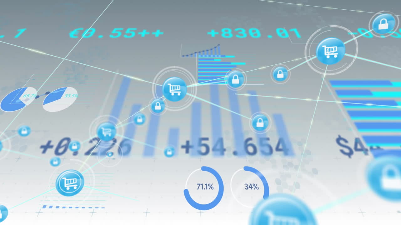 Animation of blue media icons and network of connections over data processing on white background