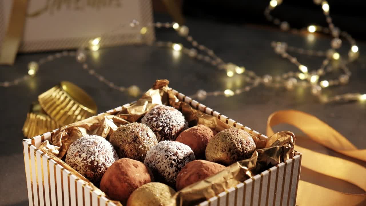 движения медленной камеры, разнообразие трюфелей в подарочной коробке