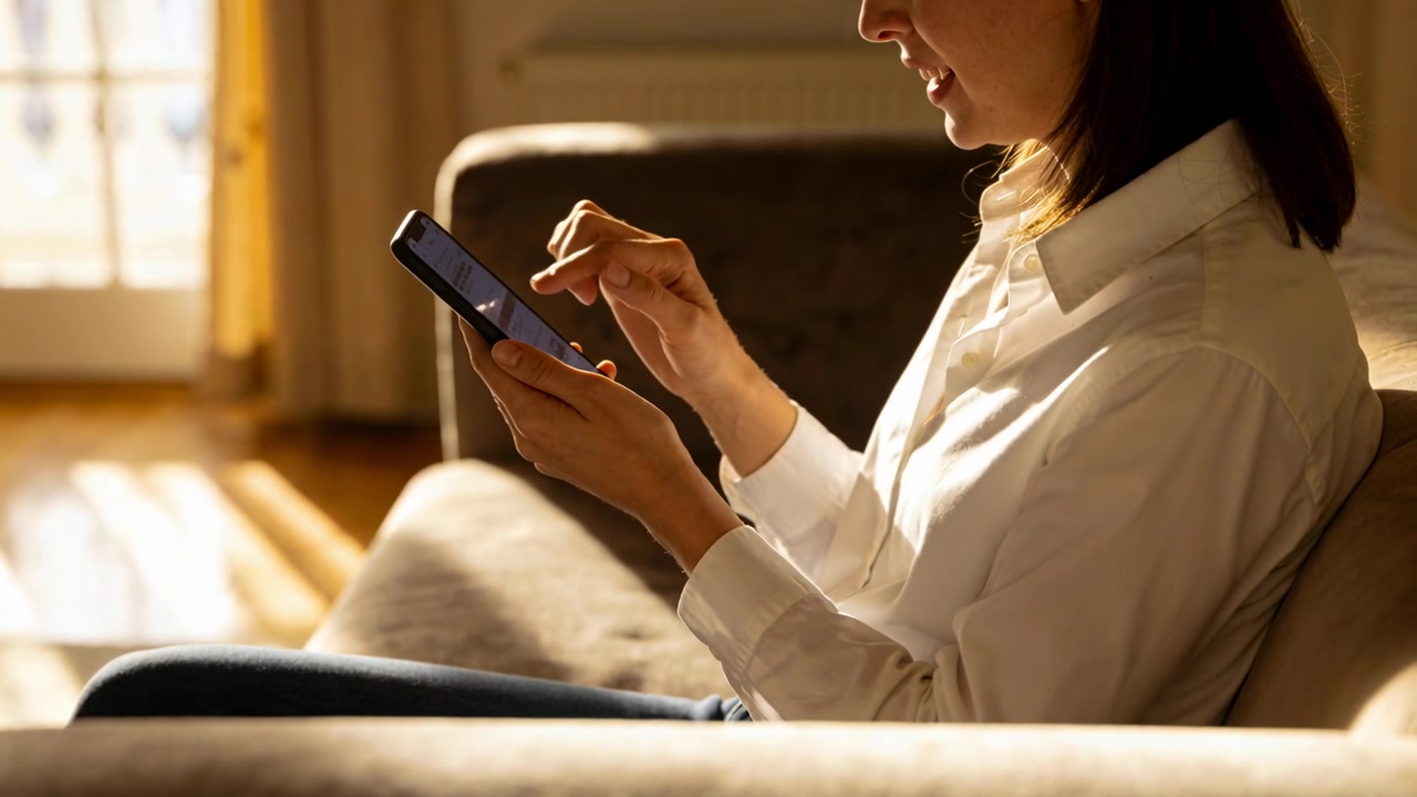 Regolando il tablet, una donna in camicia bianca tocca e scorre sul divano vicino a una porta a vetri, guardando lo schermo.