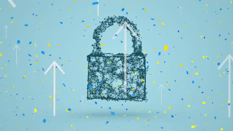 confetti falling and multiple arrows moving upwards against security padlock icon on blue background