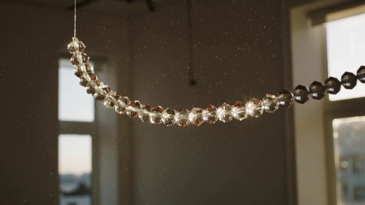 Perle curve sfaccettate che oscillano, reagendo alla luce solare dalla finestra di destra in una stanza alta, con pulviscolo che fluttua