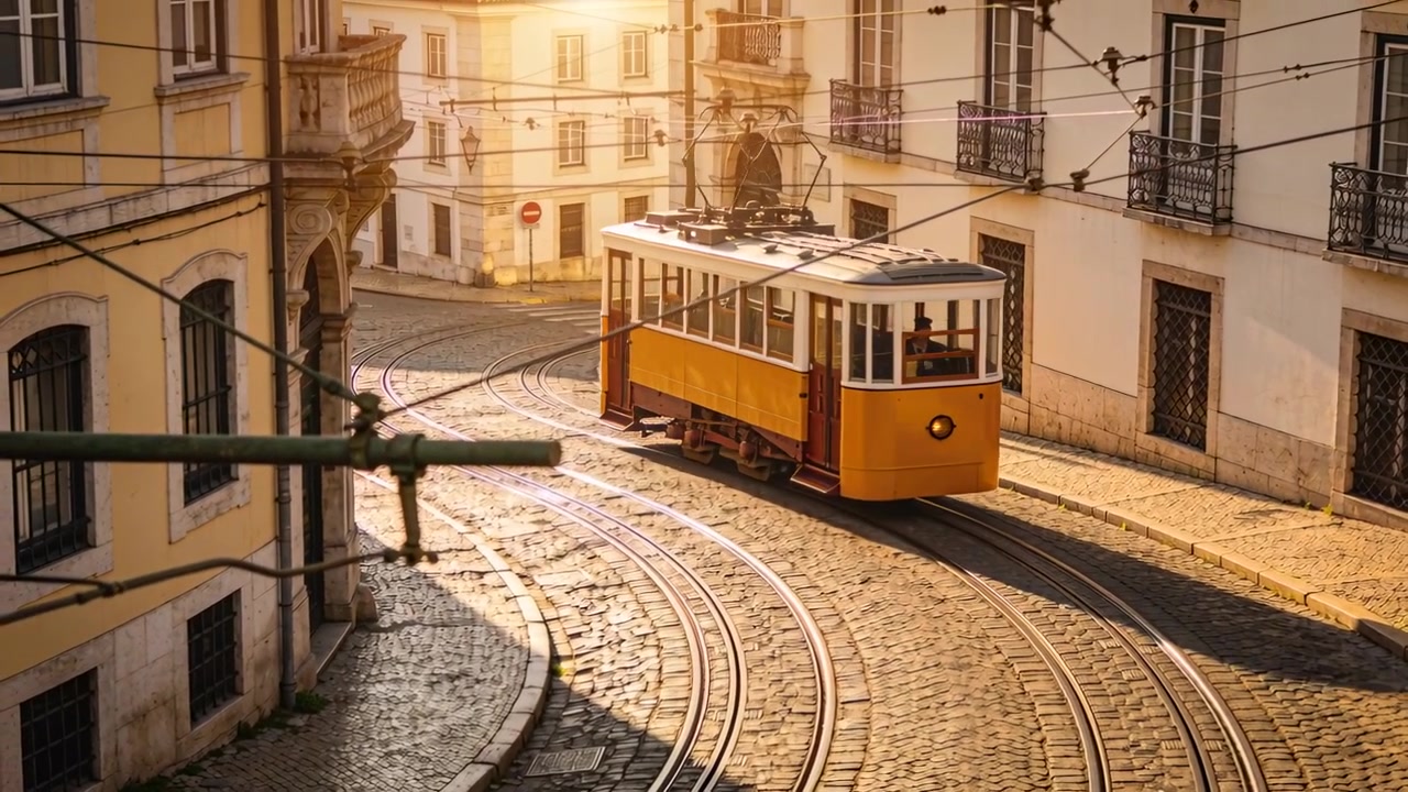 Tram giallo in movimento che assorbe energia, che curva su ciottoli sui binari verso un arco, con spazio per il testo.