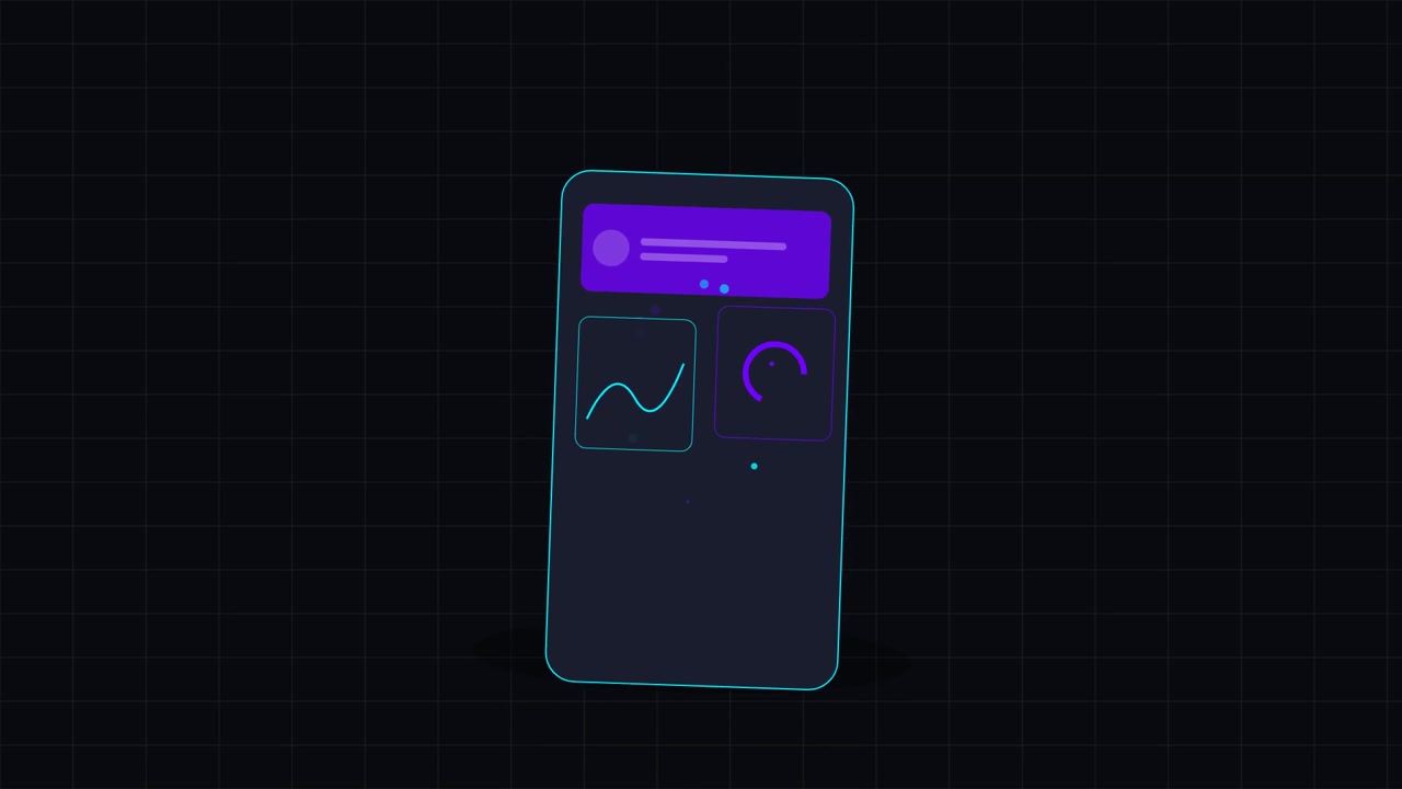 Interfaccia animata di app mobile che mostra una dashboard di analisi dati