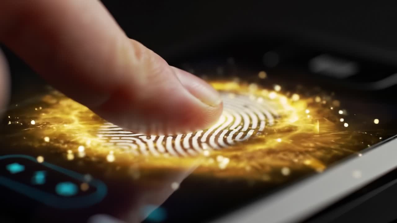 Demonstration of unlocking a smartphone using fingerprint recognition technology. The user places their finger on the screen, showcasing convenience and security features in action.