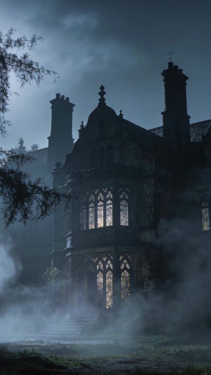 Video verticale: Notte fresca che provoca una nebbia che si sposta attraverso una villa gotica, rivelando finestre illuminate.