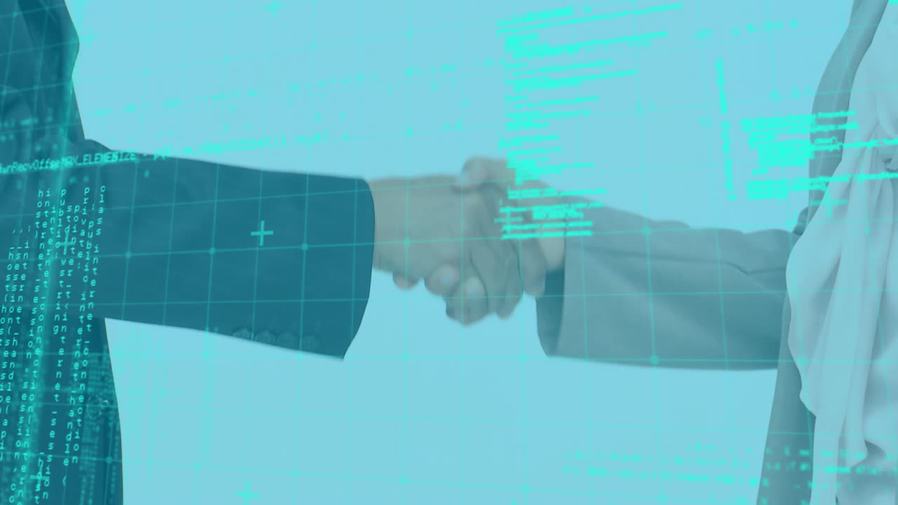 Animation of two people shaking hands over data recording and statistics showing