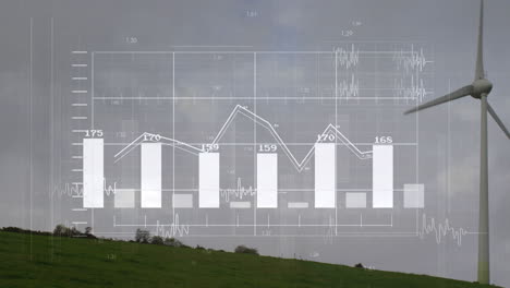 wind turbine generating power with data charts overlaying cloudy sky on grassy hill