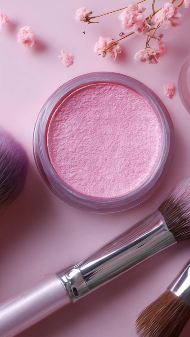Vibrant Pink Makeup Essentials with Brushes and Floral Accents on Soft Pastel Background Capturing Beauty and Elegance in Every Detail