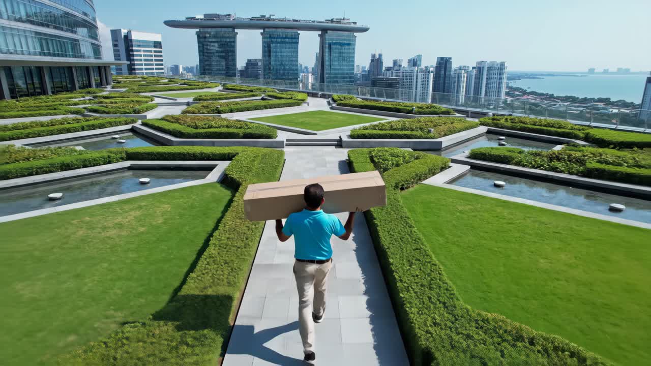 Man carrying box on rooftop with cityscape view