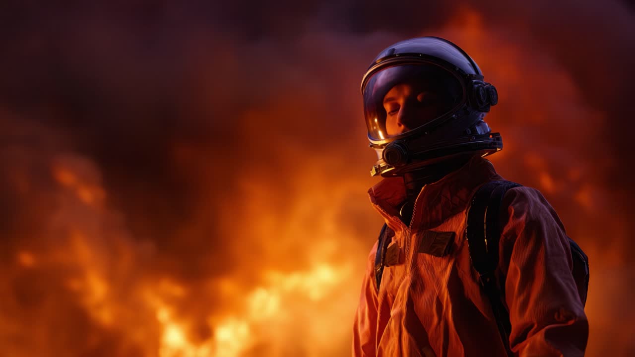 En astronaut i et levende, flammende landskab står resolut og viser blandingen af menneskehed og udforskning midt i en baggrund af dramatiske orange flammer og røg