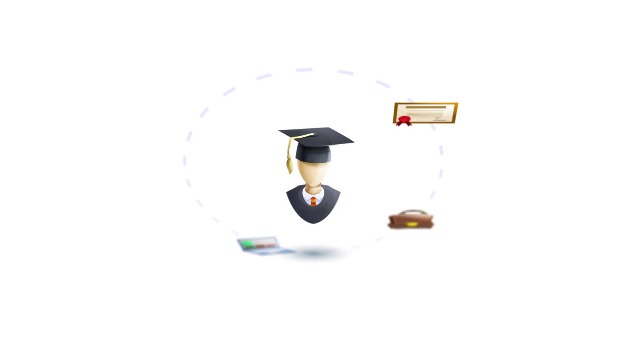 elementos de graduación y educación animación de icono moviéndose alrededor de una figura con un cartón de mortero, graduación - diploma, tierra, portátil, bolsa y certificado sobre un fondo blanco