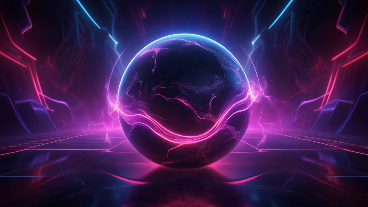 Abstract Glowing Sphere with Neon Energy Waves in Futuristic Space