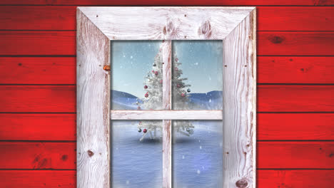 animation of snow falling and christmas tree in winter scenery seen through window
