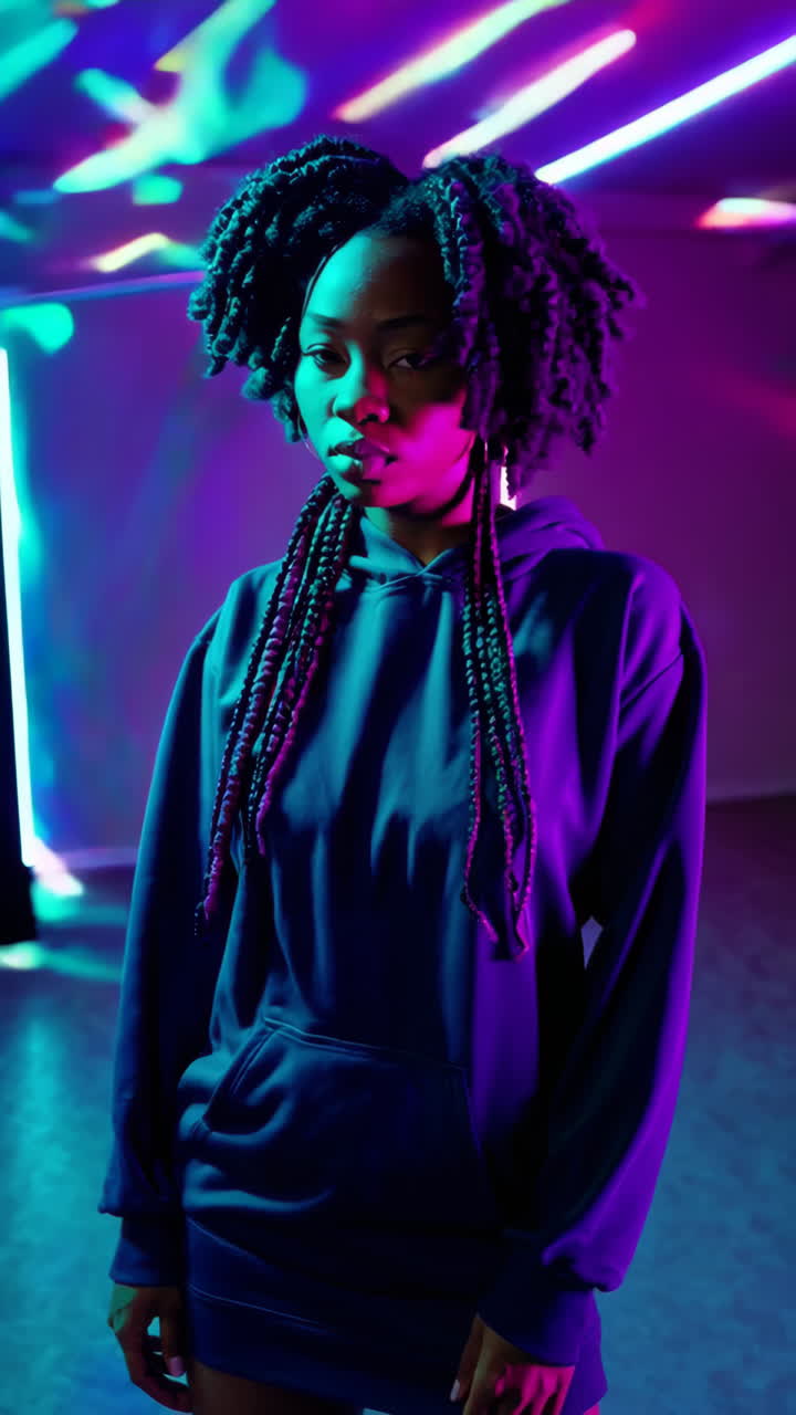 Stylish Woman Posing in Vibrant Neon Light