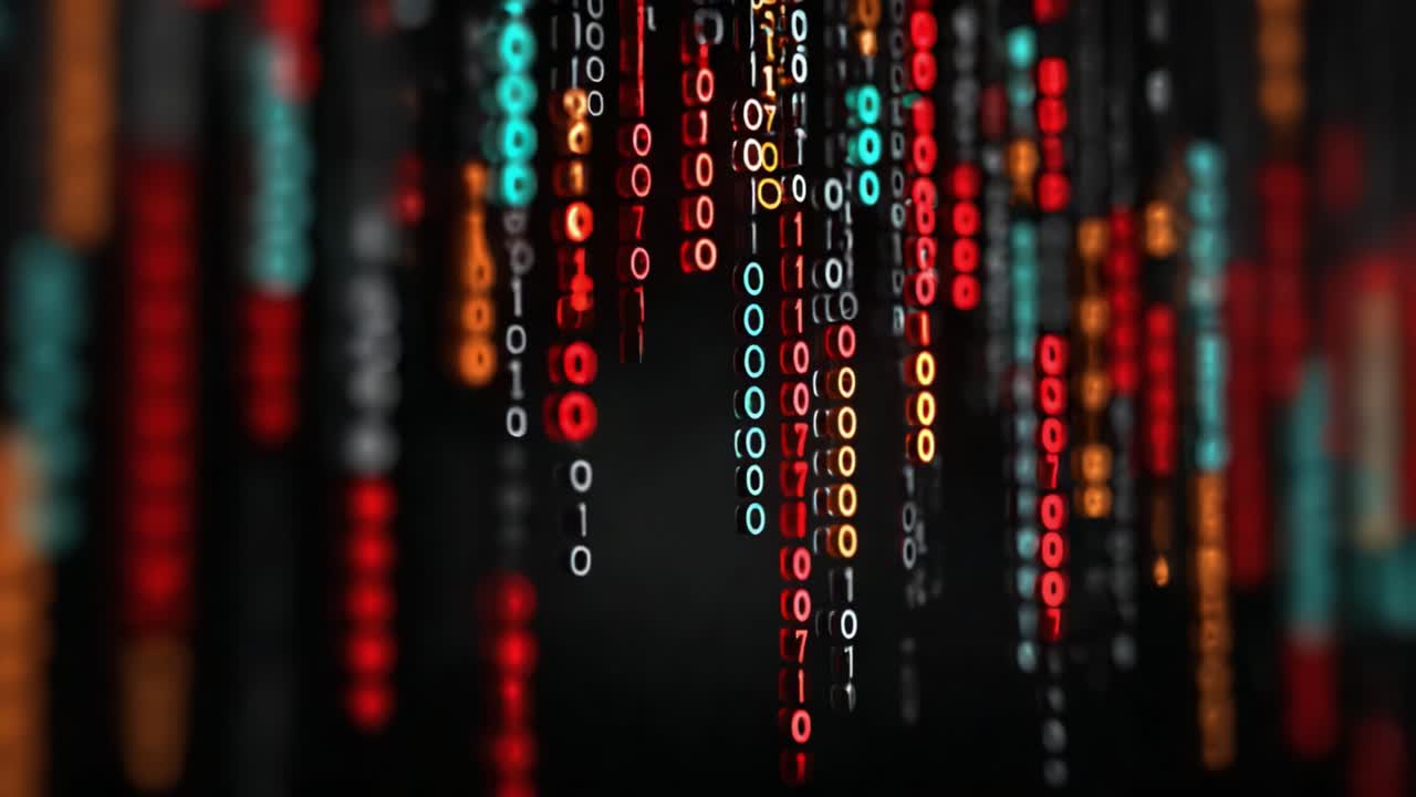 A Captivating Visual of Binary Code Transitioning Through Digital Streams, Highlighting the Interplay of Light and Color in a Cybernetic Landscape