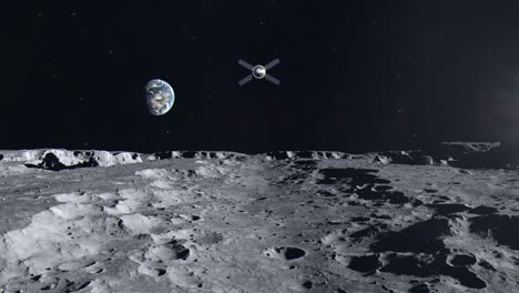 surface of the moon and the orion space capsule approaching from earth and flying overhead