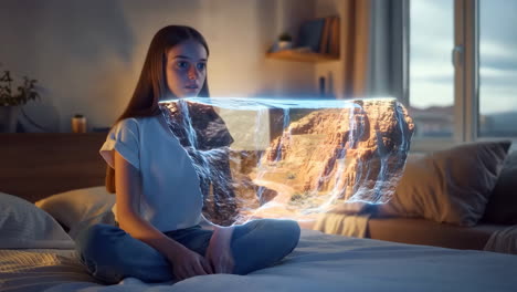 young woman interacting with a holographic desert landscape projection