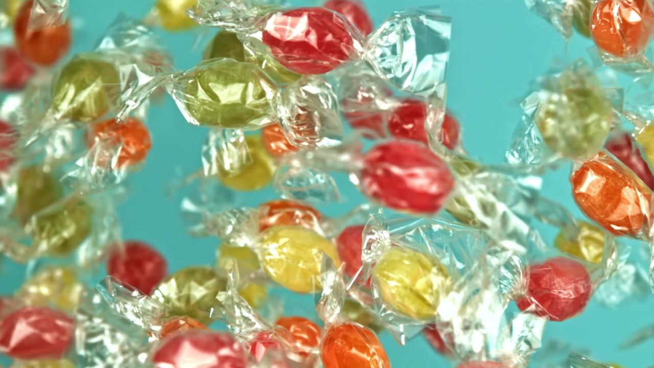Caramelle colorate incartate che cadono al rallentatore su sfondo blu