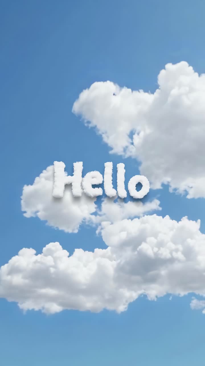 Aerial view of fluffy clouds against a blue sky, with 'Hello' shaped in cloud letters