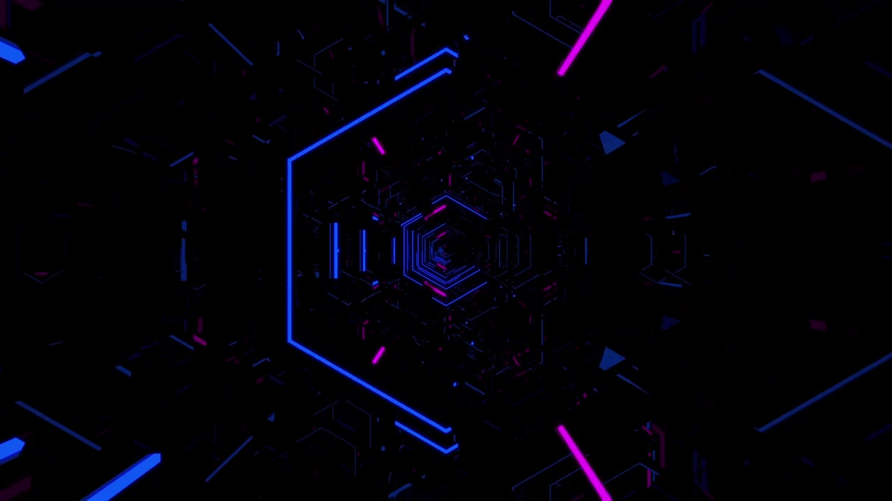 Abstract Neon Hexagonal Tunnel with Glowing Blue and Pink Lines