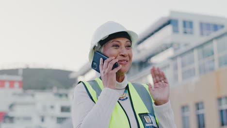 mujer, construcción y trabajador con llamada telefónica