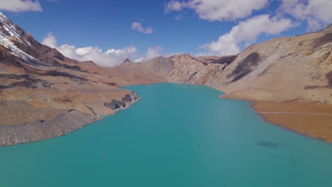 World&#039;s Highest altitude lake Tilicho at Nepal landscape hills shooting clouds and blue aesthetics, Manang Annapurna region beauty Tourism 4K
