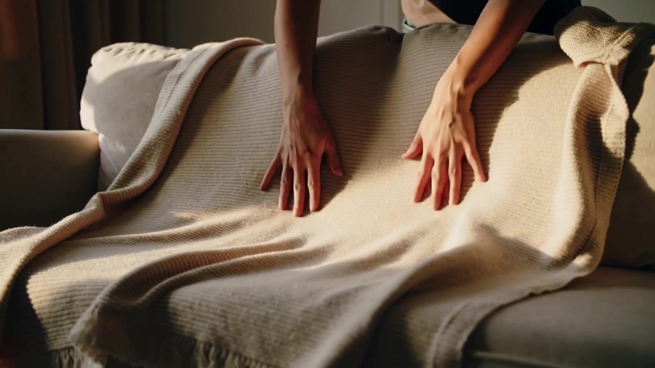 Donna in maglietta corta che sistema un plaid beige, posizionandolo da destra sul divano grigio, riordinando le pieghe e lasciando un nodo.