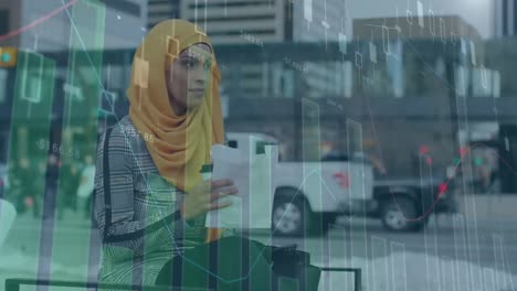 animation of financial data processing over biracial woman in hijab eating lunch in city