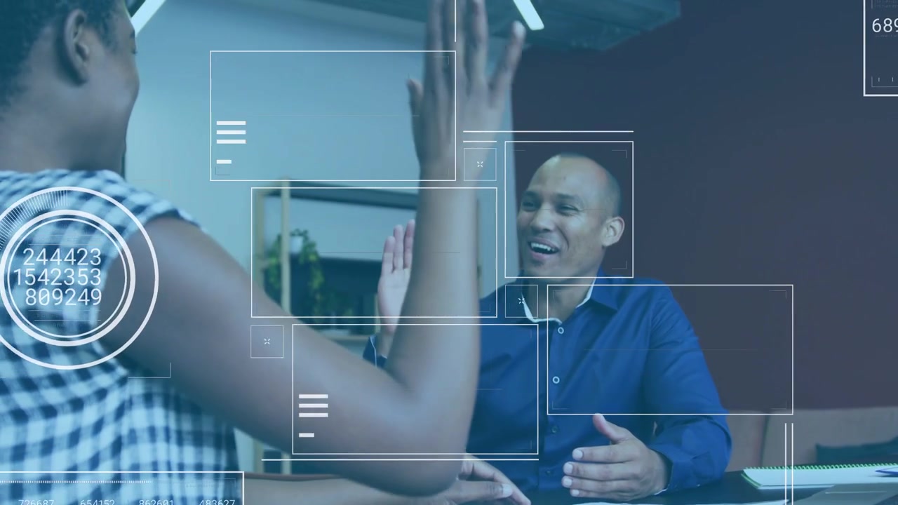 Woman holding document up, man reading, closing business deal and high-fiving while HUD animating
