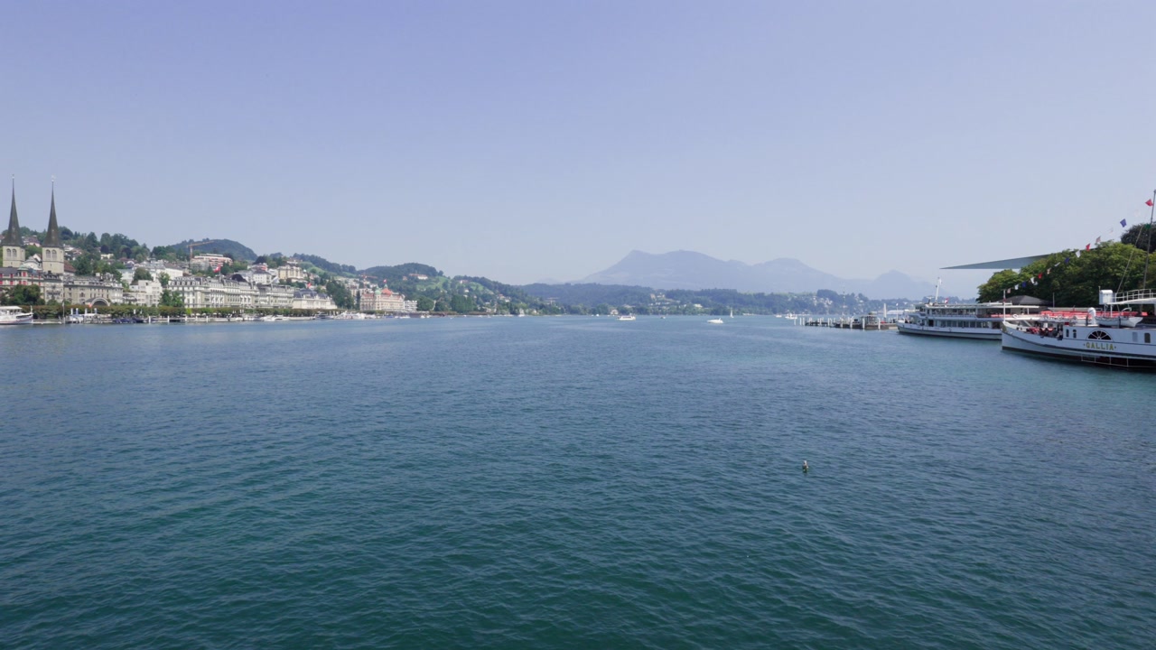 Panoramic view of Lake Lucerne in Switzerland looking towards city skyline