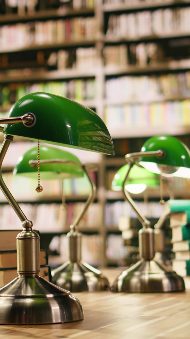 Vertical Video Empty library study table with green lamps and stacked books near bookshelves