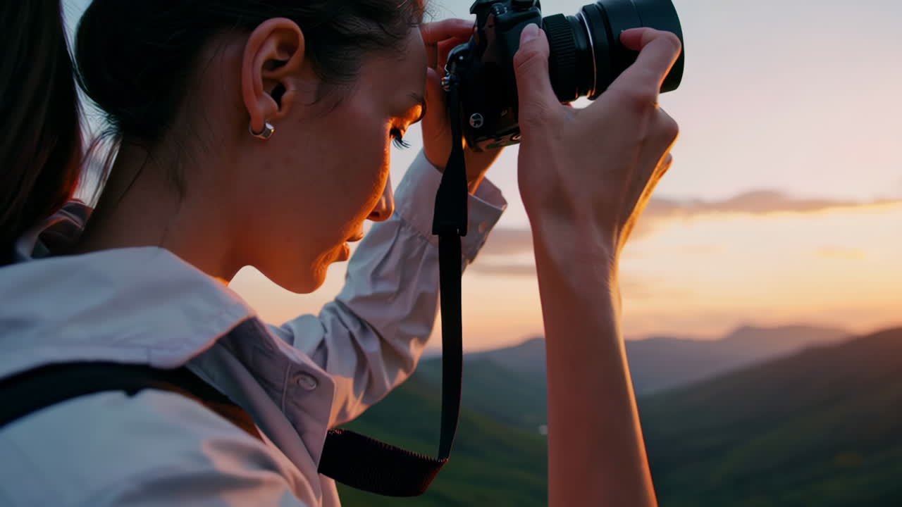 Woman Photographer Capturing Sunset Mountain View