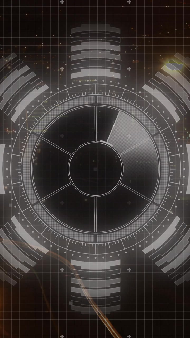 Animation of round scanner and data processing against aerial view of city traffic at night