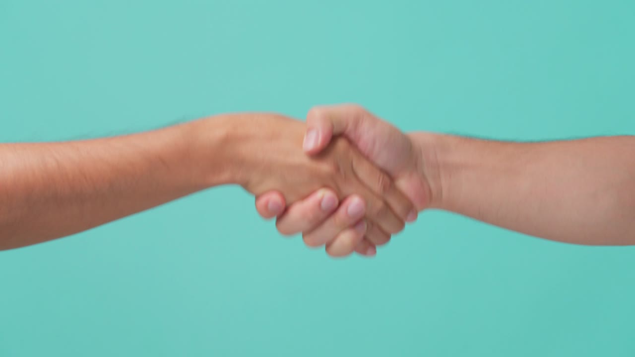 Close up shot of human hand showing, with hand shaking gesture. Two man making a handshake firmly for business and partnership with trust. Seen in isolate blue screen in background.