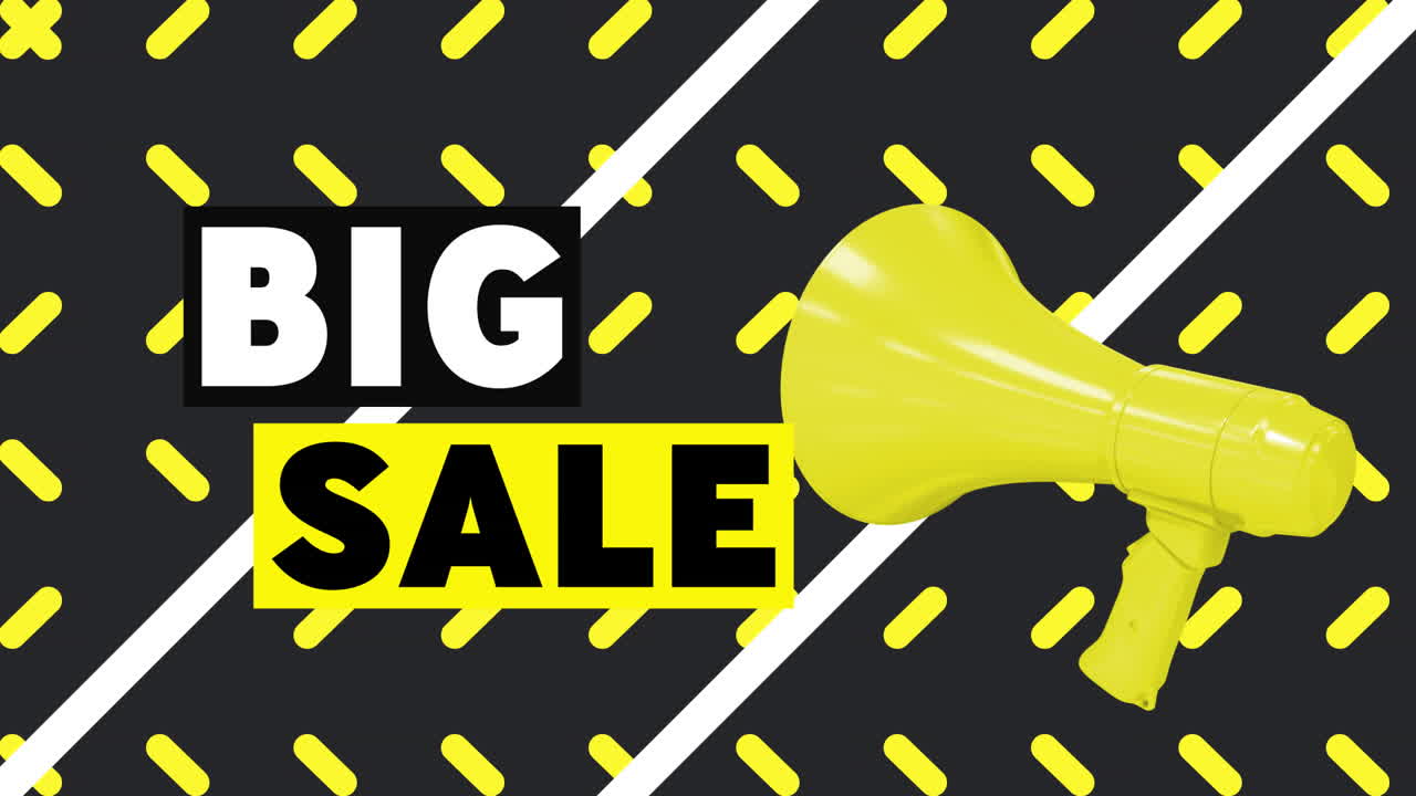 Animation of words big sale with yellow megaphone and yellow capsules rotating on black background
