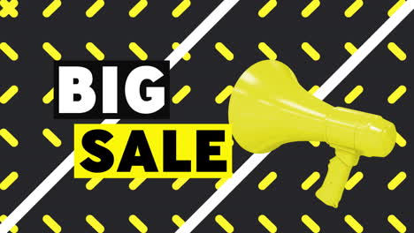 animación de palabras de gran venta con megáfono amarillo y cápsulas amarillas girando sobre fondo negro