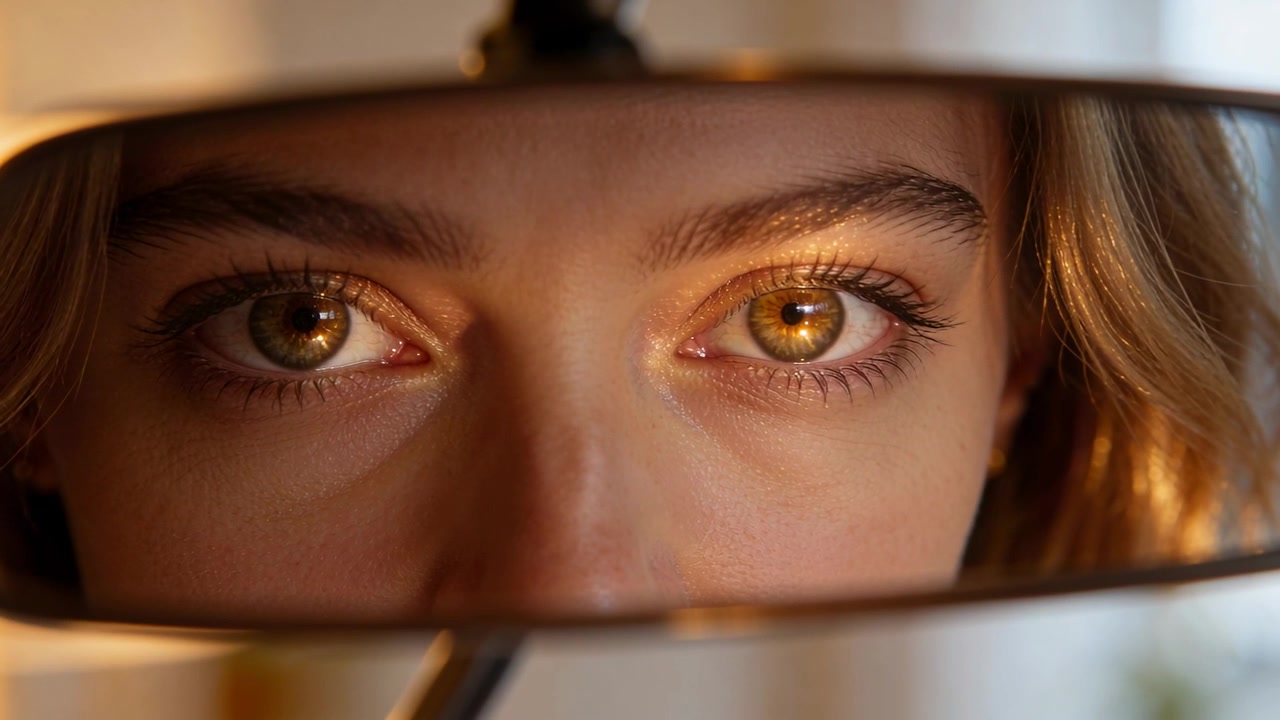 Glancing reflected woman checking rearview while steadying gaze inside car mirror, warm lamp glow
