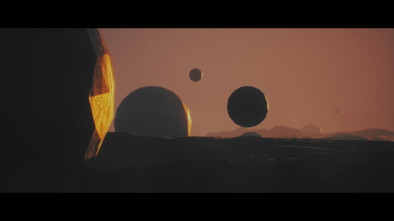 Alien planet desert landscape during sunset with strange sphere-shaped buildings