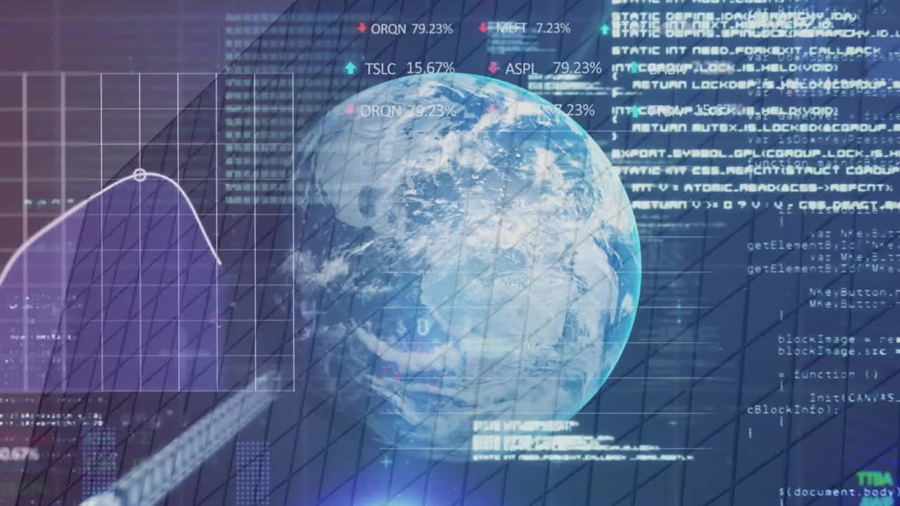 Animation of binary codes, graphs, computer language and trading board over modern building