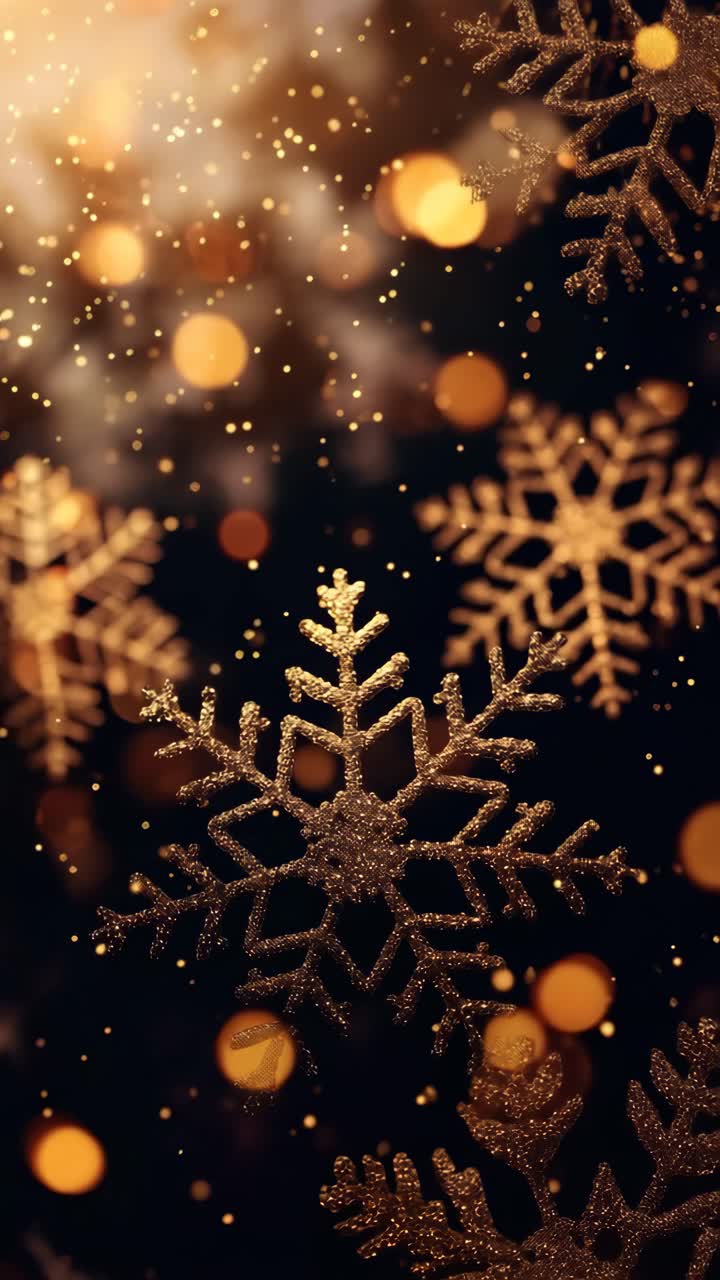 Close-up of golden snowflakes with bokeh lights, creating a festive, magical atmosphere